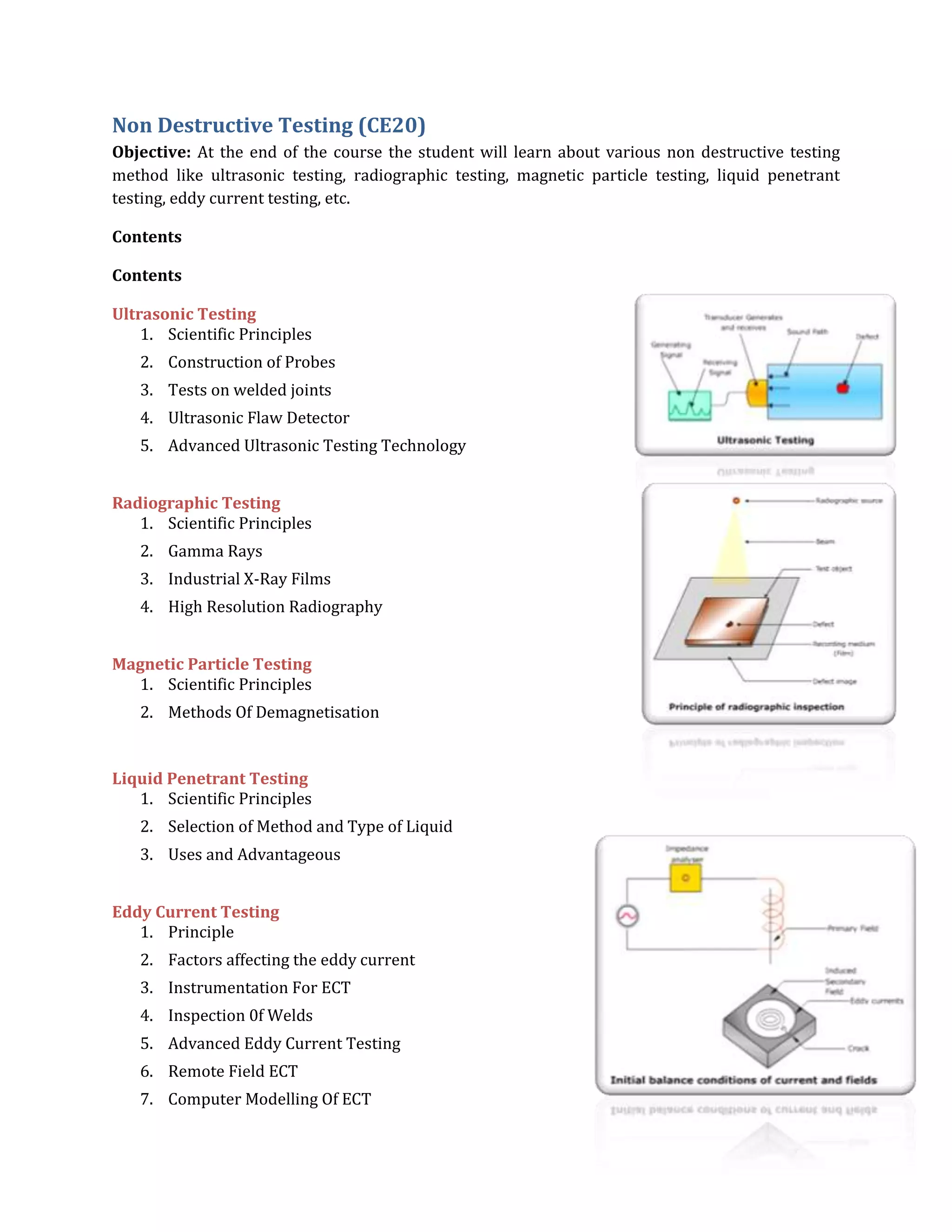 Non Destructive Testing (CE20)
Objective: At the end of the course the student will learn about various non destructive testing
method like ultrasonic testing, radiographic testing, magnetic particle testing, liquid penetrant
testing, eddy current testing, etc.
Contents
Contents
Ultrasonic Testing
1. Scientific Principles
2. Construction of Probes
3. Tests on welded joints
4. Ultrasonic Flaw Detector
5. Advanced Ultrasonic Testing Technology
Radiographic Testing
1. Scientific Principles
2. Gamma Rays
3. Industrial X-Ray Films
4. High Resolution Radiography
Magnetic Particle Testing
1. Scientific Principles
2. Methods Of Demagnetisation
Liquid Penetrant Testing
1. Scientific Principles
2. Selection of Method and Type of Liquid
3. Uses and Advantageous
Eddy Current Testing
1. Principle
2. Factors affecting the eddy current
3. Instrumentation For ECT
4. Inspection 0f Welds
5. Advanced Eddy Current Testing
6. Remote Field ECT
7. Computer Modelling Of ECT
 