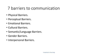 7 barriers to communication
• Physical Barriers.
• Perceptual Barriers.
• Emotional Barriers.
• Cultural Barriers.
• Semantic/Language Barriers.
• Gender Barriers.
• Interpersonal Barriers.
 