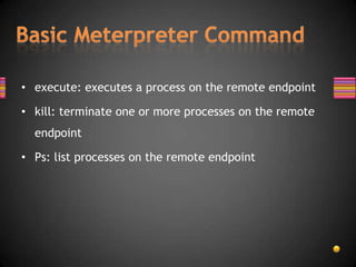 • execute: executes a process on the remote endpoint

• kill: terminate one or more processes on the remote
  endpoint

• Ps: list processes on the remote endpoint
 