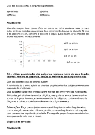 Qual dos alunos acertou a pergunta da professora?
a) Fernando c) Gisele
b) Marina d) Roberto
Atividade 03:
Manuel e Joaquim foram pescar. Cada um pescou um peixe, sendo um maior do que o
outro, porém de medidas proporcionais. Se o comprimento de peixe de Manuel é 12 cm e
o de Joaquim é 6 cm, conforme o desenho a seguir, quais devem ser as medidas das
alturas dos peixes, respectivamente:
a) 10 cm e 6 cm
b) 10 cm e 5 cm
c) 6 cm e 3 cm
d) 6 cm e 4 cm
D8 – Utilizar propriedades dos polígonos regulares (soma de seus ângulos
internos, número de diagonais, cálculo da medida de cada ângulo interno).
Com este descritor, o que se pretende avaliar?
A habilidade de o aluno aplicar as diversas propriedades dos polígonos convexos na
resolução de problemas.
Que sugestões podem ser dadas para melhor desenvolver essa habilidade?
Atividades, principalmente estudos dirigidos, nas quais os alunos devem medir e
somar os ângulos internos, externos e centrais de polígonos, contar o número de
diagonais e outras propriedades relevantes nos polígonosconvexos.
Orientações: Peça que os jovens construam triângulos com dois ângulos retos,
com um ângulo reto e outro obtuso e, por fim, com um ângulo reto e outro agudo
para que concluam quais são possíveis. Em seguida, proponha que eles defendam
seus pontos de vista para a classe.
Sugestão de atividade:
Atividade 01:
 