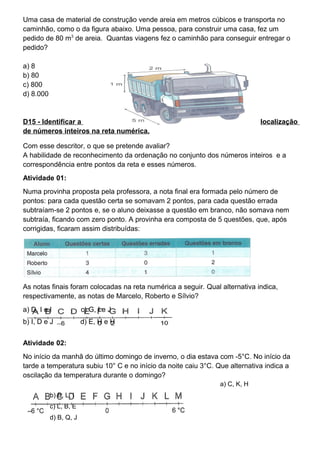 Uma casa de material de construção vende areia em metros cúbicos e transporta no
caminhão, como o da figura abaixo. Uma pessoa, para construir uma casa, fez um
pedido de 80 m3
de areia. Quantas viagens fez o caminhão para conseguir entregar o
pedido?
a) 8
b) 80
c) 800
d) 8.000
D15 - Identificar a localização
de números inteiros na reta numérica.
Com esse descritor, o que se pretende avaliar?
A habilidade de reconhecimento da ordenação no conjunto dos números inteiros e a
correspondência entre pontos da reta e esses números.
Atividade 01:
Numa provinha proposta pela professora, a nota final era formada pelo número de
pontos: para cada questão certa se somavam 2 pontos, para cada questão errada
subtraíam-se 2 pontos e, se o aluno deixasse a questão em branco, não somava nem
subtraía, ficando com zero ponto. A provinha era composta de 5 questões, que, após
corrigidas, ficaram assim distribuídas:
As notas finais foram colocadas na reta numérica a seguir. Qual alternativa indica,
respectivamente, as notas de Marcelo, Roberto e Sílvio?
a) D, I e I c) G, I e J
b) I, D e J d) E, H e H
Atividade 02:
No início da manhã do último domingo de inverno, o dia estava com -5°C. No início da
tarde a temperatura subiu 10° C e no início da noite caiu 3°C. Que alternativa indica a
oscilação da temperatura durante o domingo?
a) C, K, H
b) B, L, I
c) L, B, E
d) B, Q, J
 