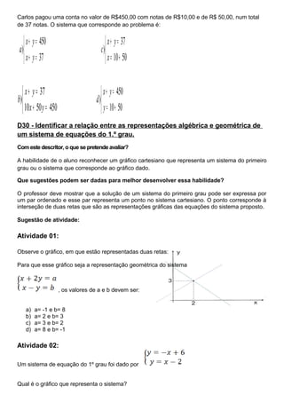 Carlos pagou uma conta no valor de R$450,00 com notas de R$10,00 e de R$ 50,00, num total
de 37 notas. O sistema que corresponde ao problema é:



=+
=+
37
450
)
yx
yx
a



+=
=+
5010
37
)
x
yx
c



=+
=+
4505010
37
)
yx
yx
b



+=
=+
5010
450
)
y
yx
d
D30 - Identificar a relação entre as representações algébrica e geométrica de
um sistema de equações do 1.º grau.
Com este descritor, o que se pretende avaliar?
A habilidade de o aluno reconhecer um gráfico cartesiano que representa um sistema do primeiro
grau ou o sistema que corresponde ao gráfico dado.
Que sugestões podem ser dadas para melhor desenvolver essa habilidade?
O professor deve mostrar que a solução de um sistema do primeiro grau pode ser expressa por
um par ordenado e esse par representa um ponto no sistema cartesiano. O ponto corresponde à
interseção de duas retas que são as representações gráficas das equações do sistema proposto.
Sugestão de atividade:
Atividade 01:
Observe o gráfico, em que estão representadas duas retas:
Para que esse gráfico seja a representação geométrica do sistema
, os valores de a e b devem ser:
a) a= -1 e b= 8
b) a= 2 e b= 3
c) a= 3 e b= 2
d) a= 8 e b= -1
Atividade 02:
Um sistema de equação do 1º grau foi dado por
Qual é o gráfico que representa o sistema?
 