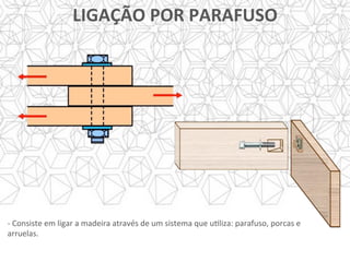 -	Consiste	em	ligar	a	madeira	através	de	um	sistema	que	uYliza:	parafuso,	porcas	e	
arruelas.	
	
LIGAÇÃO	POR	PARAFUSO	
 