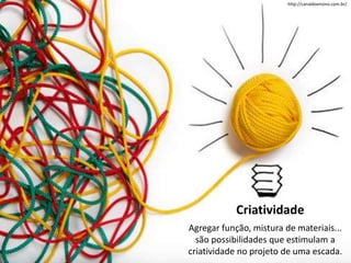 Criatividade
Agregar função, mistura de materiais...
são possibilidades que estimulam a
criatividade no projeto de uma escada.
http://canaldoensino.com.br/
 