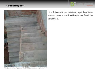 1 – Estrutura de madeira, que funciona
como base e será retirada no final do
processo.
http://umacasaclean.blogspot.com.br/2013/06/evolucao-escada-plissada.html
- construção -
 
