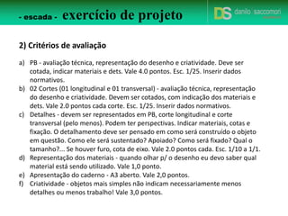 1) O trabalho consiste em projetar uma escada que vença um piso a
piso tradicional (em torno de 3,00m) e detalhar os diversos itens de
composição.
a) As dimensões serão estabelecidas a sua escolha, portanto que esteja dentro
dos padrões das Normas Técnicas e que seja executável.
b) O detalhamento de escada deve ser entregue em papel canson A3 (a mão)
com material de desenho técnico com gramatura mínima de 150g.
c) A escada deve conter guarda corpo.
d) Escalas: PB 1/25
Corte Transversal 1/25
Corte Longitudinal 1/25
Detalhes de 1/10 até 1/1 (pelo menos 03 detalhes).
- escada - exercício de projeto
 