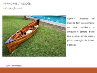  PRINCIPAIS UTILIZAÇÕES
o Construção naval
Algumas espécies de
madeira tem naturalmente
um alta resistência a
umidade e contato direto
com a água, sendo usadas
para construção de barcos
e canoas.
Canoa em madeira
 