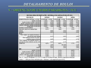 V – OBTENÇÃO DE UM BDI PARADIGMA - TCUV – OBTENÇÃO DE UM BDI PARADIGMA - TCU
DETALHAMENTO DE BDI/LDIDETALHAMENTO DE BDI/LDI
 