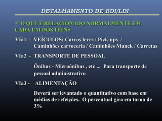 VIa1 - VEÍCULOS: Carros leves / Pick-ups /VIa1 - VEÍCULOS: Carros leves / Pick-ups /
Caminhões carroceria / Caminhões Munck / CarretasCaminhões carroceria / Caminhões Munck / Carretas
VIa2 - TRANSPORTE DE PESSOALVIa2 - TRANSPORTE DE PESSOAL
Ônibus - Microônibus , etc ... Para transporte deÔnibus - Microônibus , etc ... Para transporte de
pessoal administrativopessoal administrativo
VIa3 - ALIMENTAÇÃOVIa3 - ALIMENTAÇÃO
Deverá ser levantado o quantitativo com base emDeverá ser levantado o quantitativo com base em
médias de refeições. O percentual gira em torno demédias de refeições. O percentual gira em torno de
3%3%
 O QUE É RELACIONADO NORMALMENTE EMO QUE É RELACIONADO NORMALMENTE EM
CADA UM DOS ITENSCADA UM DOS ITENS
DETALHAMENTO DE BDI/LDIDETALHAMENTO DE BDI/LDI
 