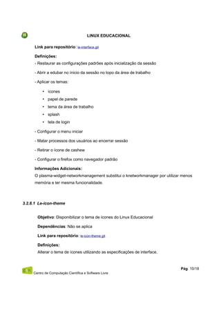 LINUX EDUCACIONAL
Link para repositório: le-interface.git
Definições:
- Restaurar as configurações padrões após inicialização da sessão
- Abrir a edubar no ínicio da sessão no topo da área de trabalho
- Aplicar os temas:
• ícones
• papel de parede
• tema da área de trabalho
• splash
• tela de login
- Configurar o menu iniciar
- Matar processos dos usuários ao encerrar sessão
- Retirar o ícone de cashew
- Configurar o firefox como navegador padrão
Informações Adicionais:
O plasma-widget-networkmanagement substitui o knetworkmanager por utilizar menos
memória e ter mesma funcionalidade.
3.2.8.1 Le-icon-theme
Objetivo: Disponibilizar o tema de ícones do Linux Educacional
Dependências: Não se aplica
Link para repositório: le-icon-theme.git
Definições:
Alterar o tema de ícones utilizando as especificações de interface.
Centro de Computação Científica e Software Livre
Pág. 10/18
 