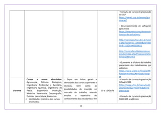 19
- Consulta de cursos de graduação
do USP
https://www5.usp.br/ensino/gra
duacao/
- Desenvolvimento de software/
aplicativos
https://megaleios.com/desenvolv
imento-de-aplicativos/
http://cienciaecultura.bvs.br/sciel
o.php?script=sci_arttext&pid=S00
09-67252003000200021
http://revista.faculdadeprojecao.
edu.br/index.php/Projecao4/artic
le/view/497/463
- O presente e o futuro do trabalho
precarizado dos trabalhadores por
aplicativo
https://www.scielo.br/j/csp/a/XR
NXxkSN4k6Y9svCKk4SbSK/?lang=
pt
Da terra
Cursos a serem abordados:
Agronomia, Ciências Biológicas,
Engenharia Ambiental e Sanitária,
Engenharia Química, Engenharia de
Pesca, Engenharia Produção,
Medicina Veterinária, Oceanografia,
Química Licenciatura, Zootecnia.
 Identidade e memória dos cursos
envolvidos;
- Expor em linhas gerais a
identidade dos cursos superiores e
técnicos, bem como as
possibilidades de inserção no
mercado de trabalho, visando
ampliar o repertório de
conhecimento dos estudantes a fim
10 a 11h/aula
- Consulta de cursos de graduação
SIGAA UFMA
https://sigaa.ufma.br/sigaa/publi
c/curso/lista.jsf?nivel=G&aba=p-
graduacao
- Consulta de cursos de graduação
SIGUEMA acadêmico
 