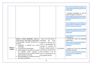 28
http://repositoriodigital.univag.com.b
r/index.php/biomedicina/article/view
/1433/1368
- Inovações tecnológicas na área da
saúde (inteligência artificial e )
https://www.scielo.br/j/rbem/a/f3kq
KJjVQJxB4985fDMVb8b/?format=pdf
&lang=pt
http://www.fatecrp.edu.br/WorkTec/
edicoes/2020-1/trabalhos/I-Worktec-
Antonio_Raimundo_Rios.pdf
https://www.scielo.br/j/csp/a/54bg8d
5mfWmCC9w7M4FKFVq/?format=ht
ml&lang=pt
https://repositorio.unifesp.br/handle/
11600/62618
Saúde no
cuidado
Cursos a serem abordados: Medicina,
Saúde Coletiva, Enfermagem, Odontologia,
Fonoaudiologia, Nutrição, Biomedicina e
Farmácia.
 Identidade e memória dos cursos
envolvidos;
 Cursos técnicos relacionados;
 Oportunidade de ocupação no mundo
do trabalho (local, nacional e
internacional), tanto na administração
pública quanto na privada;
 Responsabilidade e compromisso social
dos cursos envolvidos;
- Expor em linhas gerais a
identidade dos cursos
superiores e técnicos, bem
como as possibilidades de
inserção no mercado de
trabalho, visando ampliar o
repertório de conhecimento
dos estudantes a fim de
apoiar o planejamento dos
seus projetos de vida;
14 a 16h/aula
- Consulta de cursos de graduação
SIGAA UFMA
https://sigaa.ufma.br/sigaa/public/cu
rso/lista.jsf?nivel=G&aba=p-
graduacao
- Consulta de cursos de graduação
SIGUEMA acadêmico
https://sis.sig.uema.br/sigaa/public/c
urso/lista.jsf?nivel=G&aba=p-
graduacao
 