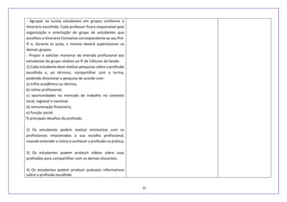 31
- Agrupar na turma estudantes em grupos conforme o
Itinerário escolhido. Cada professor ficará responsável pela
organização e orientação do grupo de estudantes que
escolheu o Itinerário Formativo correspondente ao seu Pré-
IF e, durante as aulas, o mesmo deverá supervisionar os
demais grupos;
- Propor e solicitar maneiras de imersão profissional aos
estudantes do grupo relativo ao IF de Ciências da Saúde.
1) Cada estudante deve realizar pesquisas sobre a profissão
escolhida e, ao término, compartilhar com a turma,
podendo direcionar a pesquisa de acordo com:
a) trilha acadêmica ou técnica;
b) rotina profissional;
c) oportunidades no mercado de trabalho no contexto
local, regional e nacional;
d) remuneração financeira;
e) função social;
f) principais desafios da profissão.
2) Os estudantes podem realizar entrevistas com os
profissionais relacionados à sua escolha profissional,
visando entender a rotina e conhecer a profissão na prática;
3) Os estudantes podem produzir vídeos sobre suas
profissões para compartilhar com os demais discentes;
4) Os estudantes podem produzir podcasts informativos
sobre a profissão escolhida.
 