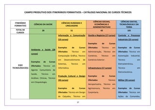37
CAMPO PRODUTIVO DOS ITINERÁRIOS FORMATIVOS – CATÁLOGO NACIONAL DE CURSOS TÉCNICOS
ITINERÁRIO
FORMATIVO
CIÊNCIAS DA SAÚDE
CIÊNCIAS HUMANAS E
LINGUAGENS
CIÊNCIAS SOCIAIS,
ECONÔMICAS E
ADMINISTRATIVAS
CIÊNCIAS EXATAS,
TECNOLÓGICAS E DA
TERRA
TOTAL DE
CURSOS
28 51 43 105
EIXO
TECNOLÓGICO(S)
Ambiente e Saúde (28
cursos)
Exemplos de Cursos
Ofertados: Técnico em
Agente Comunitário de
Saúde, Técnico em
Análises Clínicas, Técnico
em Citopatologia.
Informação e Comunicação
(10 cursos)
Exemplos de Cursos
Ofertados: Técnico em
Computação Gráfica, Técnico
em Desenvolvimento de
Sistemas, Técnico em
Informática.
Produção Cultural e Design
(30 cursos)
Exemplos de Cursos
Ofertados: Técnico em Design
de Calçados, Técnico em
Gestão e Negócios (17 cursos)
Exemplos de Cursos
Ofertados: Técnico em
Administração, Técnico em
Comércio, Técnico em
Comércio Exterior.
Infraestrutura (17 cursos)
Exemplos de Cursos
Ofertados: Técnico
Aeroportuário, Técnico em
Agrimensura, Técnico em
Carpintaria.
Controle e Processos
Industriais (23 cursos)
Exemplos de Cursos
Ofertados: Técnico em
Automação Industrial,
Técnico em
Eletroeletrônica,
Técnico em
Eletromecânica.
Militar (35 cursos)
Exemplos de Cursos
Ofertados: Técnico em
Ações de Comandos,
 