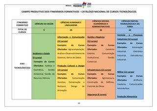 40
CAMPO PRODUTIVO DOS ITINERÁRIOS FORMATIVOS – CATÁLOGO NACIONAL DE CURSOS TECNOLÓGICOS
ITINERÁRIO
FORMATIVO
CIÊNCIAS DA SAÚDE
CIÊNCIAS HUMANAS E
LINGUAGENS
CIÊNCIAS SOCIAIS,
ECONÔMICAS E
ADMINISTRATIVAS
CIÊNCIAS EXATAS,
TECNOLÓGICAS E DA
TERRA
TOTAL DE
CURSOS
9 29 36 60
EIXO
TECNOLÓGICO(S)
Ambiente e Saúde
(9 cursos)
Exemplos de Cursos
Ofertados: Estética e
Cosmética, Gestão
Ambiental, Gestão de
Recursos Hídricos.
Informação e Comunicação
(14 cursos)
Exemplos de Cursos
Ofertados: Agrocomputação,
Análise e Desenvolvimento de
Sistemas, Banco de Dados.
Produção Cultural e Design
(14 cursos)
Exemplos de Cursos
Ofertados: Comunicação
Assistiva, Conservação e
Restauro, Design de
Animação.
Gestão e Negócios
(13 cursos)
Exemplos de Cursos
Ofertados: Comércio
Exterior, Comunicação
Institucional, Gestão
Comercial.
Infraestrutura (12 cursos)
Exemplos de Cursos
Ofertados: Agrimensura,
Construção de Edifícios,
Controle de Obras.
Segurança (6 cursos)
Controle e Processos
Industriais (14 cursos)
Exemplos de Cursos
Ofertados: Automação
Industrial, Eletrônica
Industrial, Eletrotécnica
Industrial.
Militar (11 cursos)
Exemplos de Cursos
Ofertados: Artilharia,
Cavalaria, Comunicações
Aeronáuticas.
Produção Alimentícia
 