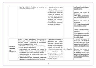 6
com o Pré-IF: O Trabalho e consumo na
sociedade contemporânea.
o planejamento dos seus
projetos de vida;
- Ampliar o conhecimento
dos estudantes acerca do
trabalho e consumo na
sociedade contemporânea
para uma educação que
apresente os conceitos,
contradições e
transformações presentes
no mundo do trabalho.
rso/lista.jsf?nivel=G&aba=
p-graduacao>;
Consulta de cursos de
Graduação
IFMA:<https://portal.ifma.
edu.br/cursosofertados/>;
Consulta de cursos de
Graduação
USP:<https://www5.usp.b
r/ensino/graduacao/>;
- Sobre o tema Trabalho e
consumo: <
http://www.dominiopubli
co.gov.br/download/texto
/me000046.pdf>.
Direitos e
Sociedade
da
Informação
Cursos a serem abordados: Biblioteconomia,
Comunicação Social (Jornalismo, Radialismo,
Relações Públicas, Publicidade e Propaganda),
Direito, Pedagogia e Serviço Social.
 Identidade e memória dos cursos envolvidos;
 Cursos técnicos relacionados;
 Oportunidade de ocupação no mundo do
trabalho (local, nacional e internacional), tanto
na administração pública quanto na privada;
 Responsabilidade e compromisso social dos
cursos envolvidos;
 Tema contemporâneo transversal que dialoga
com o Pré-IF: Educação em Direitos Humanos.
- Expor em linhas gerais a
identidade dos cursos
superiores e técnicos, bem
como as possibilidades de
inserção no mercado de
trabalho, visando ampliar
o repertório de
conhecimento dos
estudantes a fim de apoiar
o planejamento dos seus
projetos de vida;
13 a 15h/aulas
- Consulta de cursos de
Graduação SIGAA-UFMA:
<https://sigaa.ufma.br/sig
aa/public/curso/lista.jsf?ni
vel=G&aba=p-graduacao>;
Consulta de cursos de
Graduação SIGUEMA
ACADÊMICO:<https://sis.si
g.uema.br/sigaa/public/cu
rso/lista.jsf?nivel=G&aba=
p-graduacao>;
 