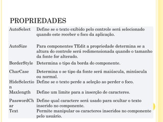 PROPRIEDADES
AutoSelect Define se o texto exibido pelo controle será selecionado
quando este receber o foco da aplicação.
AutoSize Para componentes TEdit a propriedade determina se a
altura do controle será redimensionada quando o tamanho
da fonte for alterado.
BorderStyle Determina o tipo da borda do componente.
CharCase Determina o se tipo da fonte será maiúscula, minúscula
ou normal.
HideSelectio
n
Define se o texto perde a seleção ao perder o foco.
Maxlength Define um limite para a inserção de caracteres.
PasswordCh
ar
Define qual caractere será usado para ocultar o texto
inserido no componente.
Text Permite manipular os caracteres inseridos no componente
pelo usuário.
 