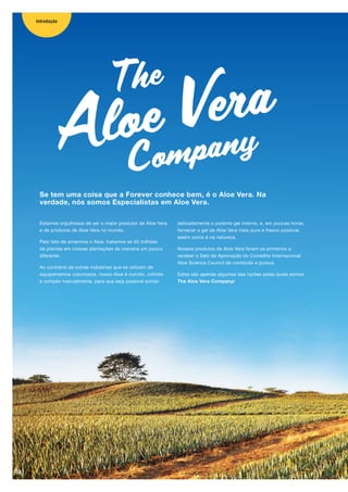 Aloe Vera
Company
The
Estamos orgulhosos de ser o maior produtor de Aloe Vera
e de produtos de Aloe Vera no mundo.
Pelo fato de amarmos o Aloe, tratamos as 50 milhões
de plantas em nossas plantações de maneira um pouco
diferente.
Ao contrário de outras indústrias que se utilizam de
equipamentos volumosos, nosso Aloe é nutrido, colhido
e cortado manualmente, para que seja possível extrair
delicadamente o potente gel interno, e, em poucas horas,
fornecer o gel de Aloe Vera mais puro e fresco possível,
assim como é na natureza.
Nossos produtos de Aloe Vera foram os primeiros a
receber o Selo de Aprovação do Conselho Internacional
Aloe Science Council de conteúdo e pureza.
Estas são apenas algumas das razões pelas quais somos
The Aloe Vera Company!
Se tem uma coisa que a Forever conhece bem, é o Aloe Vera. Na
verdade, nós somos Especialistas em Aloe Vera.
Introdução
04
 