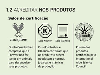 Selos de certificação




                      Selo Kosher   Selo Islâmico

O selo Cruelty Free   Os selos Kosher e             Pureza dos
comprova que a        Islâmico certificam que       produtos
Forever não faz       os produtos Forever           certificada pelo
testes em animais     obedecem a normas             International
para desenvolver      judaicas e islâmicas          Aloe Science
seus produtos.        de produção.                  Council.
 
