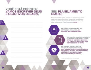 Pesquisas mostram que as pessoas que anotam o que comem e
o quanto de exercícios praticam, mantém sua forma. De fato,
aqueles que fazem um planejamento diário são duas ou três
vezes mais propícios a seguir o programa CLEAN 9.*
FAÇA ANOTAÇÕES DE COMO SEU
CORPO ESTÁ EVOLUINDO, SE
PESANDO NOS DIAS INDICADOS.
DOCUMENTE QUALQUER ALIMENTO
EXTRA QUE VOCÊ TENHA COMIDO,
O TIPO DE EXERCÍCIO QUE VOCÊ
FAZ TODOS OS DIAS, COMO VOCÊ
DORME E COMO SE SENTE.
NÃO APENAS ISSO TE DARÁ UM
PANORAMA DO SEU PROGRESSO,
ISSO TAMBÉM PROPORCIONARÁ UMA BOA
REFERÊNCIA QUANDO, POSTERIORMENTE,
VOCÊ CONTINUAR SUA JORNADA
SAUDÁVEL DE PERDA DE PESO.
1
2
3
VOCÊ ESTÁ PRONTO?
VAMOS ESCREVER SEUS
3 OBJETIVOS CLEAN 9.
SEU PLANEJAMENTO
DIÁRIO.
1817
*Journal of the Academy of Nutrition and Dietetics (2008)
 