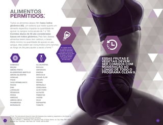 DAMASCO	
MAÇÃS			
AMORA PRETA		
BLUEBERRIES (MIRTILO)		
AMORA SILVESTRE	
CEREJAS		
FIGOS			
UVAS VERMELHAS E
ROXAS
KIWI			
LARANJAS		
PÊSSEGOS		
PERAS			
AMEIXAS		
AMEIXA SECA		
FRAMBOESA		
MORANGOS		
ALCACHOFRA		
RÚCULA
ASPARGOS
ENDÍVIA
BRÓCOLIS
COUVE-FLOR
SALSÃO
PEPINO
BERINJELA
CEBOLINHA
ALHO PORÓ
ALFACES
PIMENTAS
VAGEM
SOJA
ESPINAFRE
TOMATE
Os vegetais devem
ser comidos crus (com
exceção da alcachofra
e da soja) ou levemente
vaporizados sem sal ou óleo.
Se desejar, acrescente
ervas ou seu tempero
de preferência para
dar mais sabor.
Todos os alimentos abaixo têm baixo índice
glicêmico (IG), um sistema que mede quanto um
alimento específico impacta na quantidade de
açúcar no sangue numa escala de 1 a 100.
Comidas abaixo de 55 são consideradas
baixas em índice glicêmico. Pelo fato desses
alimentos terem baixo teor calórico, e terem
efeito mínimo na quantidade de açúcar no seu
sangue, eles podem ser consumidos como lanches
ao longo do dia para ajudar a saciar a fome.**
ALIMENTOS
PERMITIDOS.*
ESSAS FRUTAS E
VEGETAIS DEVEM
SER COMIDOS COM
MODERAÇÃO AO
LONGO DE TODO O
PROGRAMA CLEAN 9.
1211
*Fonte: The International Glycemic Index (GI) Database was created by researchers in the School of
Molecular Biosciences at the University of Sydney
**Fonte: CARUSO, L.; MENEZES, E.W. Glycemic index of foods, Nutrire: ver. Soc. Bras. Alim. Nutr. = J.
Brazilian Soc. Food Nutr., São Paulo, SP. V19/20, p49-64,2000
 