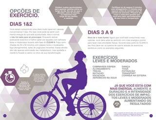 É melhor praticar
o exercício por 30
minutos direto
para entrar na
zona de queima
de gordura.Quanto é
suficiente? É
importante fazer
30 minutos de
exercício aeróbico
todos os dias.
DIAS 1&2
Você estará consumindo uma dieta muito baixa em calorias
nos primeiros 2 dias. Por isso você pode se sentir com
menos energia do que está acostumado. Isso é normal
e não há nada para se preocupar. Enquanto estiver
praticando exercício é melhor optar por aqueles com esforços
leves e moderados durante esta fase do CLEAN 9. Faça cami-
nhadas de 20 a 30 minutos com passos leves e moderados,
faça alongamentos, aulas de yoga para iniciantes. Essas ativida-
des não apenas estimularão seu metabolismo, mas ajudarão a
mantê-lo focado e calmo no início de sua transformação.
DIAS 3 A 9
Hora de ir mais fundo! Agora que você está consumindo mais
calorias, você deve estar se sentindo com mais energia e pronto
para fazer mais atividades físicas. Durante essa parte do CLEAN 9,
seu foco deve ser na queima de caloria através de exercícios
aeróbicos como os exemplos seguintes.
JÁ QUE VOCÊ ESTÁ COM
MAIS ENERGIA, AUMENTE A
DURAÇÃO E A INTENSIDADE
DOS EXERCÍCIOS DE IMPAC-
TOS LEVES E MODERADOS
AUMENTANDO OS
RESULTADOS!
EXERCÍCIOS
LEVES E MODERADOS
CAMINHADA RÁPIDA
ALONGAMENTO		
TRILHA
NATAÇÃO			
ESCALADA
AERÓBICOS NA ÁGUA	
DANÇA
YOGA				
PATINAÇÃO
TRANSPORT			
CORRIDA NA ESTEIRA
Certifique-se de separar 2 minutos
para alongamento e 5 minutos para
aquecer antes de começar seus 30
minutos de exercício. Preparar seu
corpo e músculos garante que
você terá maior aproveitamento
de seu treino e recuperação.
Existem muitas oportunidades
para queimar calorias extras ao
longo do dia. Em vez de usar o
elevador, suba de escada,
ou estacione mais
longe de seu destino
e caminhe.
OPÇÕES DE
EXERCÍCIO.
1615
Todo o programa de exercício físico, bem como as informações
contidas foram atestadas e validadas por Ricardo Vilar,
professor de educação física, CREF 031316 G/RJ
 