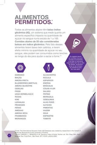 DAMASCO	
MAÇÃS			
AMORA PRETA		
BLUEBERRIES (MIRTILO)		
AMORA SILVESTRE	
CEREJAS		
FIGOS			
UVAS VERMELHAS E
ROXAS
KIWI			
LARANJAS		
PÊSSEGOS		
PERAS			
AMEIXAS		
AMEIXA SECA		
FRAMBOESA		
MORANGOS		
ALCACHOFRA		
RÚCULA
ASPARGOS
ENDÍVIA
BRÓCOLIS
COUVE-FLOR
SALSÃO
PEPINO
BERINJELA
CEBOLINHA
ALHO PORÓ
ALFACES
PIMENTAS
VAGEM
SOJA
ESPINAFRE
TOMATE
Os vegetais devem
ser comidos crus (com
exceção da alcachofra
e da soja) ou levemente
vaporizados sem sal ou óleo.
Se desejar, acrescente
ervas ou seu tempero
de preferência para
dar mais sabor.
Todos os alimentos abaixo têm baixo índice
glicêmico (IG), um sistema que mede quanto um
alimento específico impacta na quantidade de
açúcar no sangue numa escala de 1 a 100.
Comidas abaixo de 55 são consideradas
baixas em índice glicêmico. Pelo fato desses
alimentos terem baixo teor calórico, e terem
efeito mínimo na quantidade de açúcar no seu
sangue, eles podem ser consumidos como lanches
ao longo do dia para ajudar a saciar a fome.**
ALIMENTOS
PERMITIDOS.*
11
*Fonte: The International Glycemic Index (GI) Database was created by researchers in the School of
Molecular Biosciences at the University of Sydney
**Fonte: CARUSO, L.; MENEZES, E.W. Glycemic index of foods, Nutrire: ver. Soc. Bras. Alim. Nutr. = J.
Brazilian Soc. Food Nutr., São Paulo, SP. V19/20, p49-64,2000
 