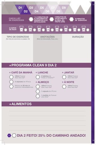 21
+PROGRAMA CLEAN 9 DIA 2
+ALIMENTOS
8 COPOS
DE ÁGUA
ANOTAÇÕES
(Nível de Intensidade, Peso, etc.)
DURAÇÃO
+ LANCHE
2 tabletes de
Fields of Greens™
+ ALMOÇO
100ml Forever
Aloe Vera Gel®
1 cápsula de VForce
1 medida de Forever
Lite Ultra®
+ JANTAR
100ml Forever
Aloe Vera Gel®
+ À NOITE
100ml Forever
Aloe Vera Gel®
2 cápsulas de VForce
+ CAFÉ DA MANHÃ
Mínimo de 30 min de
exercício intensidade leve
100ml Forever
Aloe Vera Gel®
DIA 2 FEITO! 25% DO CAMINHO ANDADO!
TIPO DE EXERCÍCIO
(Ver lista de exercícios na página 16)
CHECK LIST
DE EXERCÍCIOS
1 A 2 MINUTOS DE
ALONGAMENTOS
DINÂMICOS E/OU
ARTICULADOS
3 MINUTOS DE
AQUECIMENTO
GLOBAL (EX.
TROTE LEVE)
30 MINUTOS
DE EXERCÍCIO
 