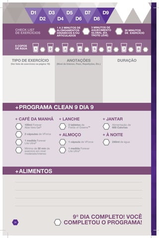 9o
DIA COMPLETO! VOCÊ
COMPLETOU O PROGRAMA!
29
8 COPOS
DE ÁGUA
DURAÇÃO
+PROGRAMA CLEAN 9 DIA 9
+ LANCHE
2 tabletes de
Fields of Greens™
+ ALMOÇO
1 cápsula de VForce
+ JANTAR
Alimentação de
600 Calorias
+ À NOITE
240ml de água
2 cápsulas de VForce
+ CAFÉ DA MANHÃ
1 medida Forever
Lite Ultra@
100ml Forever
Aloe Vera Gel®
Mínimo de 30 min de
exercício em nível
moderado/intenso
1 medida Forever
Lite Ultra@
+ALIMENTOS
ANOTAÇÕES
(Nível de Intenso, Peso, Repetições, Etc.)
TIPO DE EXERCÍCIO
(Ver lista de exercícios na página 16)
CHECK LIST
DE EXERCÍCIOS
1 A 2 MINUTOS DE
ALONGAMENTOS
DINÂMICOS E/OU
ARTICULADOS
3 MINUTOS DE
AQUECIMENTO
GLOBAL (EX.
TROTE LEVE)
30 MINUTOS
DE EXERCÍCIO
 