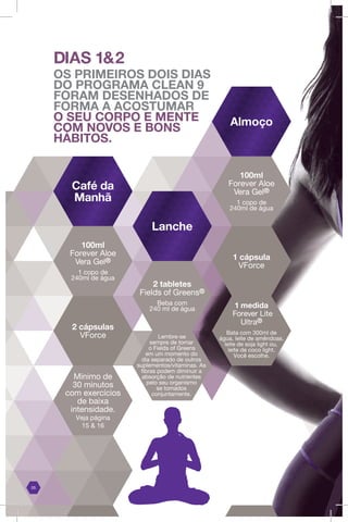 DIAS 1&2
OS PRIMEIROS DOIS DIAS
DO PROGRAMA CLEAN 9
FORAM DESENHADOS DE
FORMA A ACOSTUMAR
O SEU CORPO E MENTE
COM NOVOS E BONS
HÁBITOS.
1 medida
Forever Lite
Ultra®
Bata com 300ml de
água, leite de amêndoas,
leite de soja light ou,
leite de coco light.
Você escolhe.
2 tabletes
Fields of Greens®
Beba com
240 ml de água
Lembre-se
sempre de tomar
o Fields of Greens
em um momento do
dia separado de outros
suplementos/vitaminas. As
fibras podem diminuir a
absorção de nutrientes
pelo seu organismo
se tomados
conjuntamente.
100ml
Forever Aloe
Vera Gel®
1 copo de
240ml de água
1 cápsula
VForce
05
Café da
Manhã
Lanche
Almoço
Mínimo de
30 minutos
com exercícios
de baixa
intensidade.
Veja página
15 & 16
2 cápsulas
VForce
100ml
Forever Aloe
Vera Gel®
1 copo de
240ml de água
 