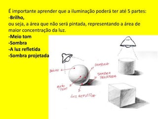 É importante aprender que a iluminação poderá ter até 5 partes:
-Brilho,
ou seja, a área que não será pintada, representando a área de
maior concentração da luz.
-Meio tom
-Sombra
-A luz refletida
-Sombra projetada
 