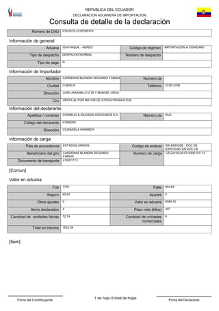 REPUBLICA DEL ECUADOR
DECLARACION ADUANERA DE IMPORTACION
Consulta de detalle de la declaración
IMPORTACION A CONSUMO
Dirección
VENTA AL POR MAYOR DE OTROS PRODUCTOS
DESPACHO NORMAL
TeléfonoCiudad
Tipo de despacho
JUAN JARAMILLO 2 35 Y MANUEL VEGA
Aduana
019-2015-10-00185316Número de DAU
Ciiu
GUAYAQUIL - AEREO
072812439
Código de régimen
CUENCA
Número de despacho
Información de general
Información de Importador
CARDENAS BLANDIN SEGUNDO FABIANNombre Numero de
Tipo de pago N
Número de RUC
Dirección CIUDADELA KENNEDY
Código del decarante
CORNEJO & IGLESIAS ASOCIADOS S.A.Apelidos / nombres
01900009
[Comun]
Ajustes85.05Seguro
Fob 7700
0
Felte 804.69
407
0
Peso neto (kilos)4
Valor en aduana
Items declarados
8589.74Otros ajustes
72.74
1622.38
Cantidad de unidades
comerciales
Total en tributos
6Cantidad de unidades fisicas
Valor en aduana
[Item]
Información del declarante
ESTADOS UNIDOS
CEC2015LA01019300151113
SIN ENDOSE - DOC DE
IDENTIDAD EN DOC DE
CARDENAS BLANDIN SEGUNDO
FABIAN
Beneficiario del giro
Pais de procedencia
Numero de carga
Codigo de endoso
410001113Documento de transporte
Información de carga
3 total de hojasFirma del Contribuyente Firma del Declarante
1 de hoja /
 