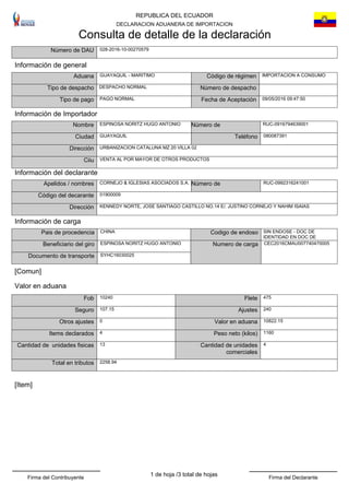REPUBLICA DEL ECUADOR
DECLARACION ADUANERA DE IMPORTACION
Consulta de detalle de la declaración
IMPORTACION A CONSUMO
Dirección
VENTA AL POR MAYOR DE OTROS PRODUCTOS
DESPACHO NORMAL
TeléfonoCiudad
Tipo de despacho
URBANIZACION CATALUNA MZ 20 VILLA 02
Aduana
028-2016-10-00270579Número de DAU
Ciiu
GUAYAQUIL - MARITIMO
080087391
Código de régimen
GUAYAQUIL
Número de despacho
Información de general
Información de Importador
ESPINOSA NORITZ HUGO ANTONIONombre RUC-0916794639001Número de
Tipo de pago PAGO NORMAL
Número de RUC-0992316241001
Dirección KENNEDY NORTE, JOSE SANTIAGO CASTILLO NO.14 E/. JUSTINO CORNEJO Y NAHIM ISAIAS
Código del decarante
CORNEJO & IGLESIAS ASOCIADOS S.A.Apelidos / nombres
01900009
[Comun]
Ajustes107.15Seguro
Fob 10240
240
Flete 475
1160
0
Peso neto (kilos)4
Valor en aduana
Items declarados
10822.15Otros ajustes
13
2258.94
Cantidad de unidades
comerciales
Total en tributos
4Cantidad de unidades fisicas
Valor en aduana
[Item]
Información del declarante
CHINA
CEC2016CMAU007740470005
SIN ENDOSE - DOC DE
IDENTIDAD EN DOC DE
ESPINOSA NORITZ HUGO ANTONIOBeneficiario del giro
Pais de procedencia
Numero de carga
Codigo de endoso
SYHC16030025Documento de transporte
Información de carga
Fecha de Aceptación 09/05/2016 09:47:50
3 total de hojasFirma del Contribuyente Firma del Declarante
1 de hoja /
 
