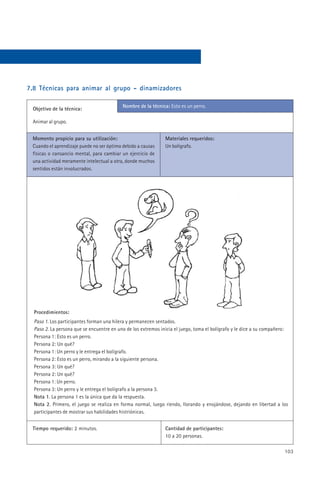 7.8 Técnicas para animar al grupo - dinamizadores

                                           Nombre de la técnica: Esto es un perro.
 Objetivo de la técnica:

 Animar al grupo.


 Momento propicio para su utilización:                         Materiales requeridos:
 Cuando el aprendizaje puede no ser óptimo debido a causas     Un bolígrafo.
 físicas o cansancio mental, para cambiar un ejercicio de
 una actividad meramente intelectual a otra, donde muchos
 sentidos están involucrados.




  Procedimientos:
  Paso 1. Los participantes forman una hilera y permanecen sentados.
  Paso 2. La persona que se encuentre en uno de los extremos inicia el juego, toma el bolígrafo y le dice a su compañero:
  Persona 1: Esto es un perro.
  Persona 2: Un qué?
  Persona 1: Un perro y le entrega el bolígrafo.
  Persona 2: Esto es un perro, mirando a la siguiente persona.
  Persona 3: Un qué?
  Persona 2: Un qué?
  Persona 1: Un perro.
  Persona 3: Un perro y le entrega el bolígrafo a la persona 3.
  Nota 1. La persona 1 es la única que da la respuesta.
  Nota 2. Primero, el juego se realiza en forma normal, luego riendo, llorando y enojándose, dejando en libertad a los
  participantes de mostrar sus habilidades histriónicas.


 Tiempo requerido: 2 minutos.                                  Cantidad de participantes:
                                                               10 a 20 personas.

                                                                                                                       103
 