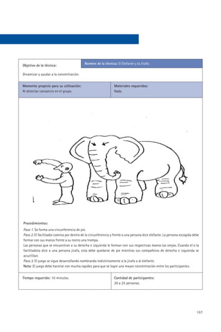 Nombre de la técnica: El Elefante y la Jirafa.
Objetivo de la técnica:

Dinamizar y ayudar a la concentración.


Momento propicio para su utilización:                           Materiales requeridos:
Al detectar cansancio en el grupo.                              Nada.




Procedimientos:
Paso 1. Se forma una circunferencia de pie.
Paso 2. El facilitador camina por dentro de la circunferencia y frente a una persona dice elefante. La persona escogida debe
formar con sus manos frente a su rostro una trompa.
Las personas que se encuentran a su derecha e izquierda le forman con sus respectivas manos las orejas. Cuando el o la
facilitadota dice a una persona jirafa, esta debe quedarse de pie mientras sus compañeros de derecha e izquierda se
acuclillan.
Paso 3. El juego se sigue desarrollando nombrando indistintamente a la jirafa o al elefante.
Nota: El juego debe hacerse con mucha rapidez para que se logre una mayor concentración entre los participantes.


Tiempo requerido: 10 minutos.                                   Cantidad de participantes:
                                                                20 a 25 personas.




                                                                                                                          107
 