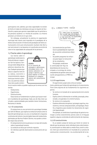 participativo cree, además, que estas capacidades no existen
de hecho en todos los individuos sino que se requiere de faci-
litación y apoyo para generar capacidades que les permitan a
las personas ayudarse a sí mismas de acuerdo a su historia
personal y al entorno en el que viven.
     Sin embargo, actualmente la práctica en capacitación
municipal más común está inspirada en el paradigma de la
hetero estructuración. El tránsito del paradigma de hetero es-
tructuración al de auto estructuración resultará más fácil y
casi será natural si nos basamos en la profunda convicción de      -   Las consecuencias que forta-
creer en las capacidades de autoayuda de las personas.                 lecen la probabilidad de repetición
                                                                       de una acción se denominan refuer-
1.2 Teorías sobre el aprendizaje
                                                                       zos.
      Las teorías sobre el
                                                                   - Se pueden programar los refuer-
aprendizaje condicionan la
                                                                       zos para lograr la instrucción
forma de educar o capaci-
                                                                       de los estudiantes.
tar. Son los tapices o lien-
                                 TEORÍA                                Por ejemplo, condicionar
zos que están debajo de las      Es un conjunto de                 la continuidad del flujo de
prácticas educativas dia-        conceptos y definiciones,         desembolsos de recursos mu-
rias. Cualquier persona que      articuladas entre sí de
                                 manera coherente en un            nicipales a la entrega de ciertos
educa o capacita tiene en
                                 cuerpo o doctrina, que            comprobantes de gestión como son la eje-
su cabeza, conciente o           busca explicar un hecho o         cución presupuestaria y el POA mu-
inconcientemente, alguna         fenómeno en cualquier             nicipal.
teoría que orienta su prác-      materia del conocimiento
tica. Las prácticas educa-       humano.                           1.2.2 El cognitivismo
tivas más usuales existen-                                             El cognitivismo surgió como crítica al conduc-
tes en nuestro medio se pueden explicar por lo menos con tres      tismo y plantea que la base del aprendizaje es el conocimiento.
teorías:                                                           Tiene como algunos de los fundamentos los siguientes as-
- Conductismo.                                                     pectos:
- Cognitivismo.                                                    - Se centra en el estudio de la representación de la mente
- Constructivismo.                                                     humana.
      Estas teorías se fundamentan en pilares que buscan resol-    - Explica cómo la información es recibida, procesada, alma-
ver el problema del aprendizaje. Cada una de ellas tiene sus           cenada y recuperada en la mente humana.
virtudes o potencialidades pero también tienen limitaciones.       - Se centra en la evaluación.
Revisemos el detalle.                                              - Combina diferentes disciplinas: psicología cognitiva, neu-
                                                                       rociencia, ciencias computacionales, antropología, filoso-
1.2.1 El conductismo
                                                                       fía y lingüística para estudiar los mecanismos de cogni-
     El conductismo es una corriente de la psicología fundada
                                                                       ción (aprendizaje).
por John B. Watson, que explica la conducta humana como la
                                                                       Por ejemplo, se condiciona el aprendizaje de gerencia mu-
base del aprendizaje que, a su vez, es resultado de la respuesta
                                                                   nicipal a ciertos conocimientos previos como es el lenguaje
a estímulos del entorno. Las principales bases del conductismo,
                                                                   español o algunos contenidos de administración de empresas.
planteadas por Burrhus Frederic Skinner, nos ayudan a enten-
der mejor esta corriente:                                          1.2.3 El constructivismo
- El comportamiento de las personas es la base del estudio              Es un amplio cuerpo de teorías que tienen en común la
     sobre el aprendizaje humano.                                  idea de que las personas, tanto individual como colectivamen-
- La conducta se educa por estímulo-repuesta.                      te, «construyen» sus ideas sobre su medio físico, social o cultu-
- Un individuo aprende observando la consecuencia de sus           ral; creen que conocimiento es el resultado de un proceso de
     actos.                                                        construcción o reconstrucción –no una descripción de la rea-

                                                                                                                                 15
 