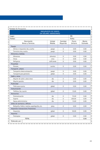 Formato 10. Presupuesto.
                                                   PRESUPUESTO DE EVENTO
                                                  (EN DÓLARES AMERICANOS)
 Lugar:                                                                               T/C:
 Fechas:                                                                              Fecha:
                       Descripción                           Unidad       Cantidad      Precio     Monto
                    Bienes y Servicios                       Medida       Requerida    Unitario   Estimado
  Pasajes
     Aéreos e impuestos ida y vuelta                          pasaje         0            0.00      0.00
     Terrestres ida y vuelta                                  pasaje         0            0.00      0.00
  Alimentos y bebidas
     Almuerzos                                               almuerzo        0            0.00      0.00
     Cenas                                                     cena          0            0.00      0.00
     Refrigerios                                            coffe break      0            0.00      0.00
  Hospedaje
     Persona                                                  noches         0            0.00      0.00
  Transporte urbano
     Transporte urbano aeropuerto                             pasaje         0            0.00      0.00
     Transporte para gestiones                                global         0            0.00      0.00
  Salón y otros
     Alquiler de salón y data show                             día           0            0.00      0.00
     Alquiler paneles                                          día           0            0.00      0.00
  Publicidad
     Telón para evento                                        global         0            0.00      0.00
  Comunicación
     Teléfono, fax, courier                                   global         0          15.00       0.00
  Honorarios
     Sistematización                                           día           0          75.00       0.00
     Experto                                                   día           0         200.00       0.00
     Apoyo administrativo                                      día           0          15.00       0.00
  Utiles de escritorio y Oficina
     Bolígrafos, folders, tarjetas, papelógrafos, etc.        pieza          0            6.00      0.00
  Impuestos transacciones financieras
     Impuestos                                                global         0          50.00       0.00
  Imprenta
     Fotocopias                                               global         0            5.00      0.00
                         TOTAL                                                                      0.00
  Elaborado por:




                                                                                                             49
 