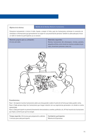 Nombre de la técnica: Mediante ilustraciones.
Objetivo de la técnica:

Conocerse mutuamente e iniciar el taller. Ayuda a romper el hielo, pues las ilustraciones estimulan la narración de
anécdotas e informaciones que generalmente no surgen en una presentación personal. También es adecuada para iniciar
un taller en donde los participantes ya se conocen.

Momento propicio para su utilización:                          Materiales requeridos:
Al inicio del taller.                                          Muchas ilustraciones (de almanaques, revistas, postales,
                                                               pequeños afiches, entre otros) con motivos variados de pai-
                                                               sajes, situaciones, personas, cosas, etc.




Procedimientos:
Paso 1. Se exponen muchas ilustraciones sobre una mesa grande o sobre el suelo de tal forma que todos pueden verlas.
Paso 2. Cada persona elige tres ilustraciones que tengan relación con sus experiencias personales o en donde se sienta
representada.
Paso 3. Cada participante se presenta brevemente mencionando su nombre, profesión, etc. Al final muestra las ilustraciones
que eligió y comenta por que las escogió.

Tiempo requerido: 30 minutos para preparación y además         Cantidad de participantes:
5 minutos para cada participante.                              Máximo de 30 personas.




                                                                                                                         75
 