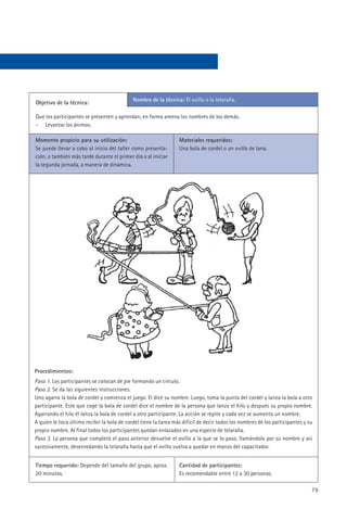 Nombre de la técnica: El ovillo o la telaraña.
Objetivo de la técnica:

Que los participantes se presenten y aprendan, en forma amena los nombres de los demás.
- Levantar los ánimos.

Momento propicio para su utilización:                             Materiales requeridos:
Se puede llevar a cabo al inicio del taller como presenta-        Una bola de cordel o un ovillo de lana.
ción, o también más tarde durante el primer día o al iniciar
la segunda jornada, a manera de dinámica.




Procedimientos:
Paso 1. Los participantes se colocan de pie formando un círculo.
Paso 2. Se da las siguientes instrucciones.
Uno agarra la bola de cordel y comienza el juego. El dice su nombre. Luego, toma la punta del cordel y lanza la bola a otro
participante. Este que coge la bola de cordel dice el nombre de la persona que lanzo el hilo y después su propio nombre.
Agarrando el hilo él lanza la bola de cordel a otro participante. La acción se repite y cada vez se aumenta un nombre.
A quien le toca último recibir la bola de cordel tiene la tarea más difícil de decir todos los nombres de los participantes y su
propio nombre. Al final todos los participantes quedan enlazados en una especie de telaraña.
Paso 3. La persona que completó el paso anterior devuelve el ovillo a la que se lo paso, llamándola por su nombre y así
sucesivamente, desenredando la telaraña hasta que el ovillo vuelva a quedar en manos del capacitador.


Tiempo requerido: Depende del tamaño del grupo, aprox.            Cantidad de participantes:
20 minutos.                                                       Es recomendable entre 12 a 30 personas.

                                                                                                                               79
 