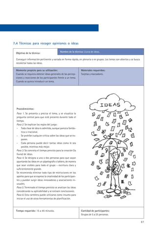 7.4 Técnicas para recoger opiniones o ideas

                                              Nombre de la técnica: Lluvia de ideas.
  Objetivo de la técnica:

  Conseguir información pertinente y variada en forma rápida, en plenaria o en grupos. Los temas son abiertos y se busca
  recolectar todas las ideas.

 Momento propicio para su utilización:                            Materiales requeridos:
 Cuando se requiera obtener ideas generales de las percep-        Tarjetas y marcadores.
 ciones y reacciones de los participantes frente a un tema.
 Cuando se quiera introducir un tema.




  Procedimientos:
  Paso 1. Se presenta y precisa el tema, y se visualiza la
  pregunta central para que esté presente durante todo el
  tiempo.
  Paso 2. Se explican las reglas del juego:
  - Toda clase de idea es admitida, aunque parezca fantás-
       tica o irracional.
  - Se prohíbe cualquier crítica sobre las ideas que se ex-
       ponen.
  - Cada persona puede decir tantas ideas como le sea
       posible, mientras más mejor.
  Paso 3. Se concreta el tiempo previsto para la creación (la
  lluvia) de ideas.
  Paso 4. Se designa a una o dos personas para que vayan
  apuntando las ideas en un pápelografo o tablero, de manera
  que sean visibles para todo el grupo – escritura clara y
  suficientemente grande.
  Se recomienda eliminar todo tipo de restricciones en los
  aportes para que se exprese la creatividad de los participan-
  tes y puedan surgir ideas innovadoras y asociaciones in-
  usuales.
  Paso 5. Terminado el tiempo previsto se analizan las ideas
  considerando su aplicabilidad y se extraen conclusiones.
  Paso 6. Esta cartelera puede utilizarse como insumo para
  iniciar el uso de otras herramientas de planificación.



 Tiempo requerido: 15 a 45 minutos.                               Cantidad de participantes:
                                                                  Grupos de 5 a 25 personas.

                                                                                                                           87
 