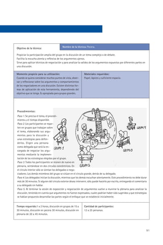 Nombre de la técnica: Pecera.
Objetivo de la técnica:

Propiciar la participación amplia del grupo en la discusión de un tema complejo o de debate.
Facilita la escucha atenta y reflexiva de los argumentos ajenos.
Sirve para aplicar técnicas de negociación y para analizar la validez de los argumentos expuestos por diferentes partes en
una discusión.

Momento propicio para su utilización:                           Materiales requeridos:
Cuando se quiera considerar muchos puntos de vista, obser-      Papel, lápices y suficiente espacio.
var y reflexionar sobre los argumentos y comportamientos
de los negociadores en una discusión. Existen distintas for-
mas de aplicación de esta herramienta, dependiendo del
objetivo que se tenga. Es apropiada para grupos grandes.




Procedimientos:
Paso 1. Se precisa el tema, el procedi-
miento y el tiempo disponible.
Paso 2. Los participantes se repar-
ten en grupos que trabajan sobre
el tema, elaborando sus argu-
mentos para la discusión y
unas estrategias para defen-
derlos. Eligen una persona
como delegada que será la en-
cargada de negociar los argu-
mentos mediante la implemen-
tación de las estrategias elegidas por el grupo.
Paso 3. Todos los participantes se reúnen de nuevo en
plenaria, sentándose en dos círculos concéntricos. En
el círculo interior sólo se sientan los delegados o nego-
ciadores. Los demás miembros del grupo se sitúan en el círculo grande, detrás de su delegado.
Paso 4. Los delegados inician la discusión, mientras que los demás escuchan atentamente. Este procedimiento no debe durar
más de 30 minutos. Si alguien del círculo exterior desea intervenir, sólo puede hacerlo por escrito, entregando el comentario
a su delegado sin hablar.
Paso 5. Al terminar la sesión de exposición y negociación de argumentos vuelve a reunirse la plenaria para analizar la
discusión, teniendo en cuenta que argumentos no fueron expresados, cuales podrían haber sido sugeridos y que estrategias
se habían propuesto desarrollar las partes según el enfoque que se estableció inicialmente.


Tiempo requerido:1 a 2 horas, discusión en grupos de 15 a       Cantidad de participantes:
30 minutos, discusión en pecera 30 minutos, discusión en        12 a 25 personas.
plenaria de 20 a 45 minutos.




                                                                                                                             91
 