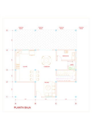 RECIBO
1
2
3
4
5
6
7
8
910
11
12
13
14
15
16
17
18
PLANTA BAJA
COMEDORCOCINA
SERVICIOS
4
3
2
1
5
DCBA
3,30 3,45 3,30
2,502,003,303,30
Columna
Nueva
Columna
Nueva
Columna
Nueva
Columna
Nueva
 