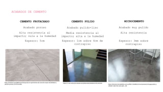 ACABADOS DE CEMENTO
CEMENTO FROTACHADO CEMENTO PULIDO
Acabado poroso Acabado pulido-liso
MICROCEMENTO
Acabado muy pulido
Alta resistencia al
impacto; nula a la humedad
Media resistencia al
impacto; alta a la humedad
Alta resistencia
Espesor: 5cm Espesor: 1cm sobre 4cm de
contrapiso
Espesor: 3mm sobre
contrapiso
https://medium.com/@bhconcretos/juntas-en-pavimentos-de-concreto-mayor-durabilidad-y-
vida-de-servicio-3737537a19d1
https://r-com-and-print.wixsite.com/elitecrete/selladores-de-concreto
https://articulo.mercadolibre.com.ec/MEC-518188110-microcemento-kit-pega-polvo-y-
sellador-todo-listo-solo-aplic-_JM
 