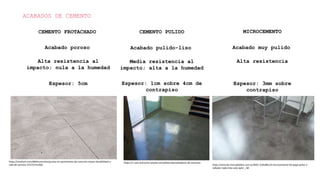 ACABADOS DE CEMENTO
CEMENTO FROTACHADO CEMENTO PULIDO
Acabado poroso Acabado pulido-liso
MICROCEMENTO
Acabado muy pulido
Alta resistencia al
impacto; nula a la humedad
Media resistencia al
impacto; alta a la humedad
Alta resistencia
Espesor: 5cm Espesor: 1cm sobre 4cm de
contrapiso
Espesor: 3mm sobre
contrapiso
https://medium.com/@bhconcretos/juntas-en-pavimentos-de-concreto-mayor-durabilidad-y-
vida-de-servicio-3737537a19d1
https://r-com-and-print.wixsite.com/elitecrete/selladores-de-concreto
https://articulo.mercadolibre.com.ec/MEC-518188110-microcemento-kit-pega-polvo-y-
sellador-todo-listo-solo-aplic-_JM
 