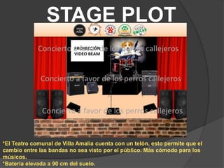 STAGE PLOT
*El Teatro comunal de Villa Amalia cuenta con un telón, esto permite que el
cambio entre las bandas no sea visto por el público. Más cómodo para los
músicos.
*Batería elevada a 90 cm del suelo.
 