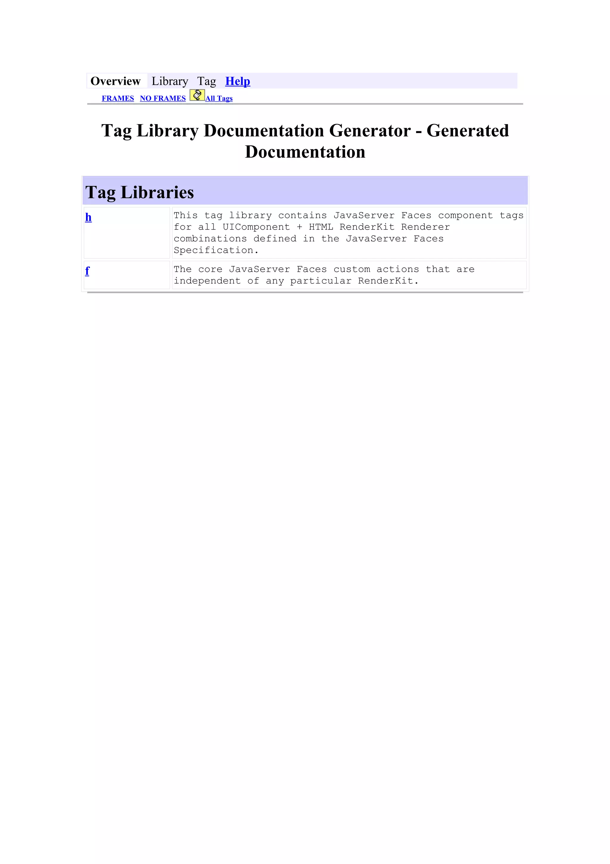 Overview Library Tag Help
     FRAMES NO FRAMES   All Tags



     Tag Library Documentation Generator - Generated
                     Documentation

Tag Libraries
h                 This tag library contains JavaServer Faces component tags
                  for all UIComponent + HTML RenderKit Renderer
                  combinations defined in the JavaServer Faces
                  Specification.

f                 The core JavaServer Faces custom actions that are
                  independent of any particular RenderKit.
 
