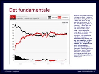 Det fundamentale
                        Approval ratings are everything
                        in an election year. Presidents
                        Gerald Ford, Jimmy Carter and
                        George H.W. Bush all had
                        approval ratings under 50%.
                        The other thing they all had in
                        common? They all also lost
                        their bid for a second term.
                        Fifty Percent is the magic
                        mark. If you’re above that
                        heading into an election year,
                        you’re chances remain
                        promising. This precedent is
                        not without exception.
                        President Harry Truman ran
                        and won reelection in 1948,
                        with an approval rating in
                        the high 30’s. However, that
                        is the only exception.
                        Every other president since
                        polling like this began including
                        Eisenhower, Nixon, Reagan,
                        Bill Clinton and George W.
                        Bush had an approval rating
                        above 50% throughout their re-
                        election year




© Thomas Ladegaard            www.thomasladegaard.dk
 