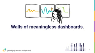 @lizthegrey at #DevOpsDays DFW
Walls of meaningless dashboards.
12
 