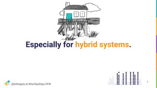@lizthegrey at #DevOpsDays DFW
Especially for hybrid systems.
3
 