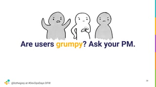 @lizthegrey at #DevOpsDays DFW
Are users grumpy? Ask your PM.
39
 